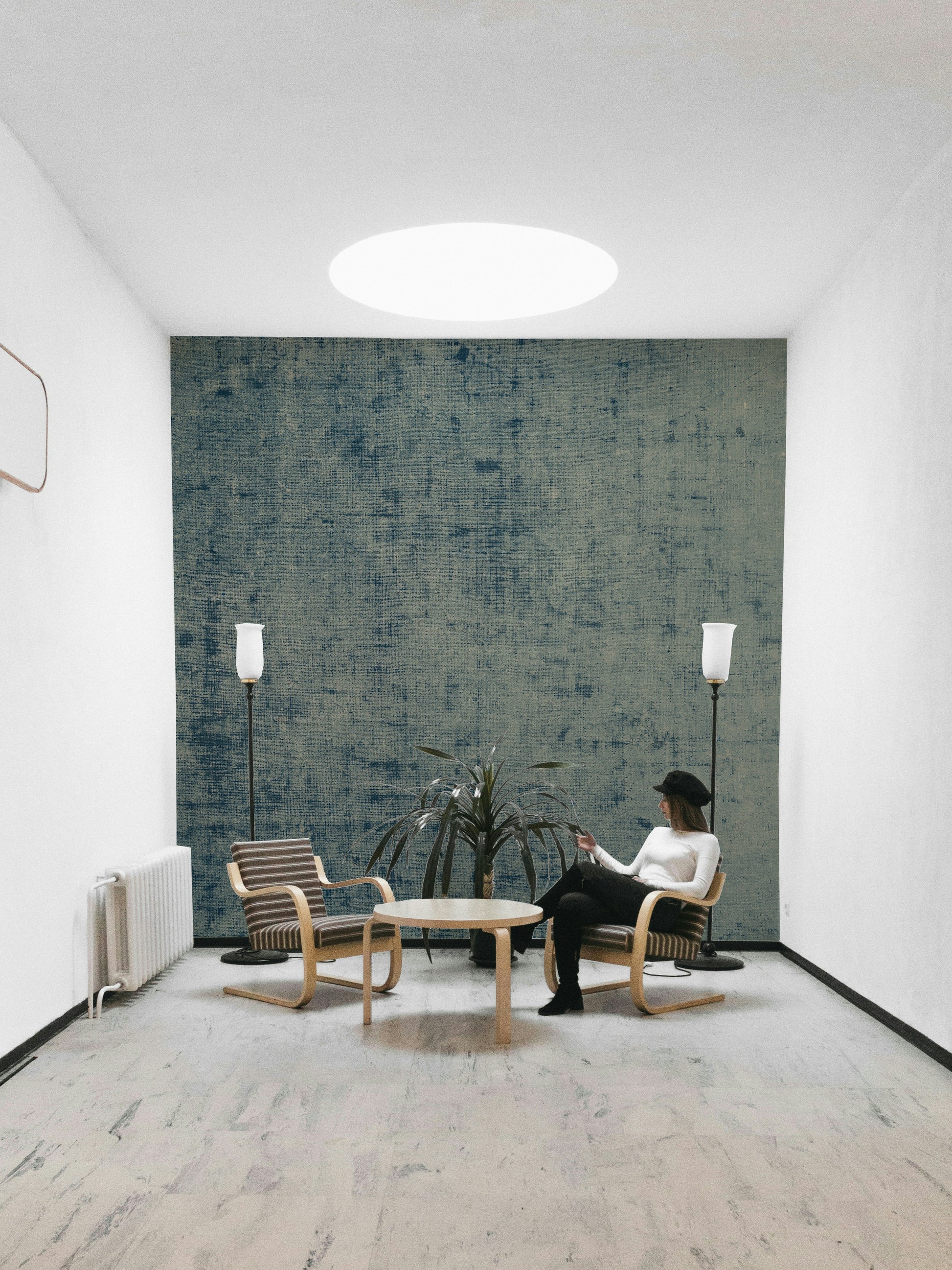 Distressed linen mural in denim tones
