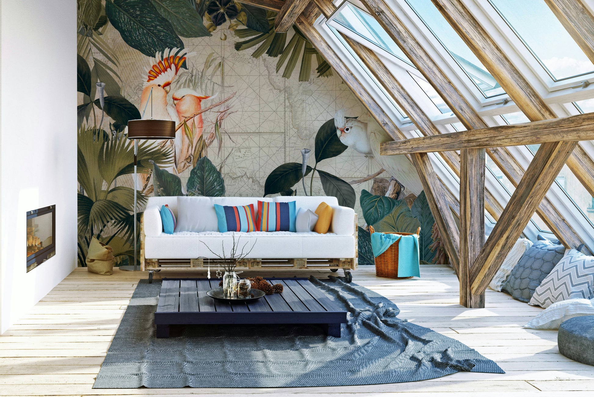 Tropical mural wallpaper with cockatoos

