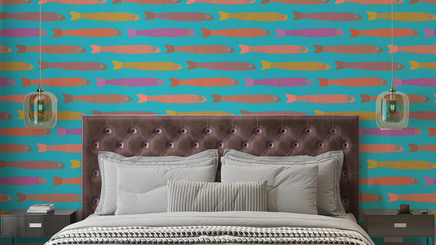 Anchovies retro fish wallpaper design
