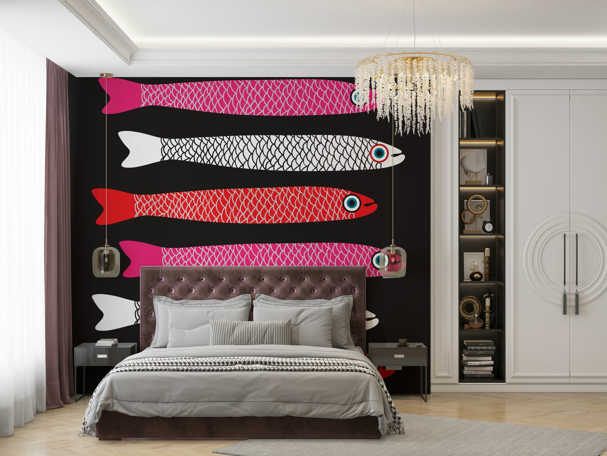 Red pink white fish on black background
