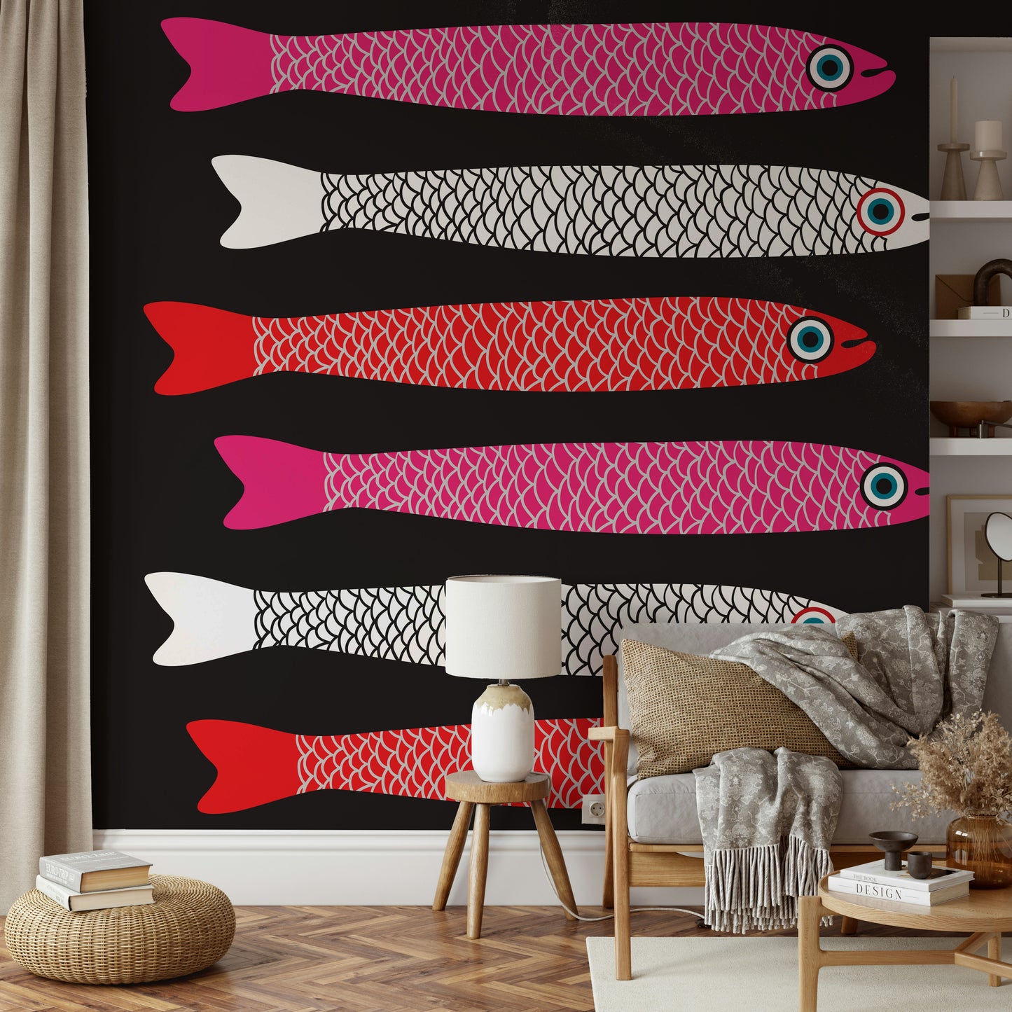 Playful wall mural with quirky fish
