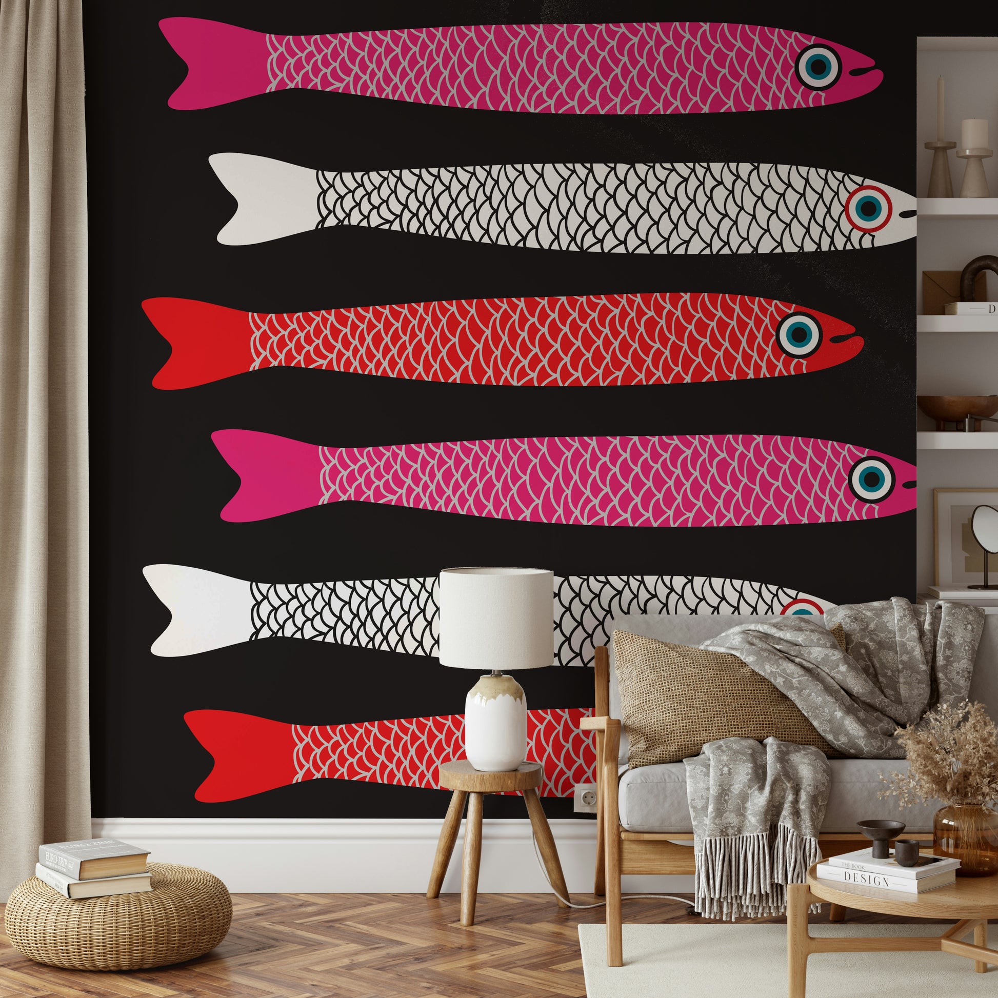 Playful wall mural with quirky fish
