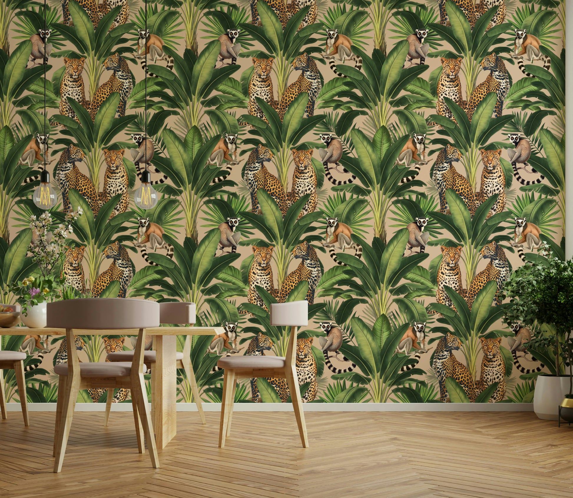 Jungle theme beige animal wallpaper

