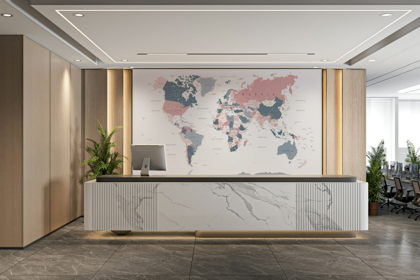 World Map Blush Pink and Indigo Wall Mural