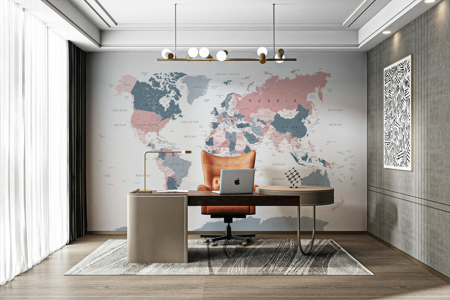 World Map Blush Pink and Indigo Wall Mural
