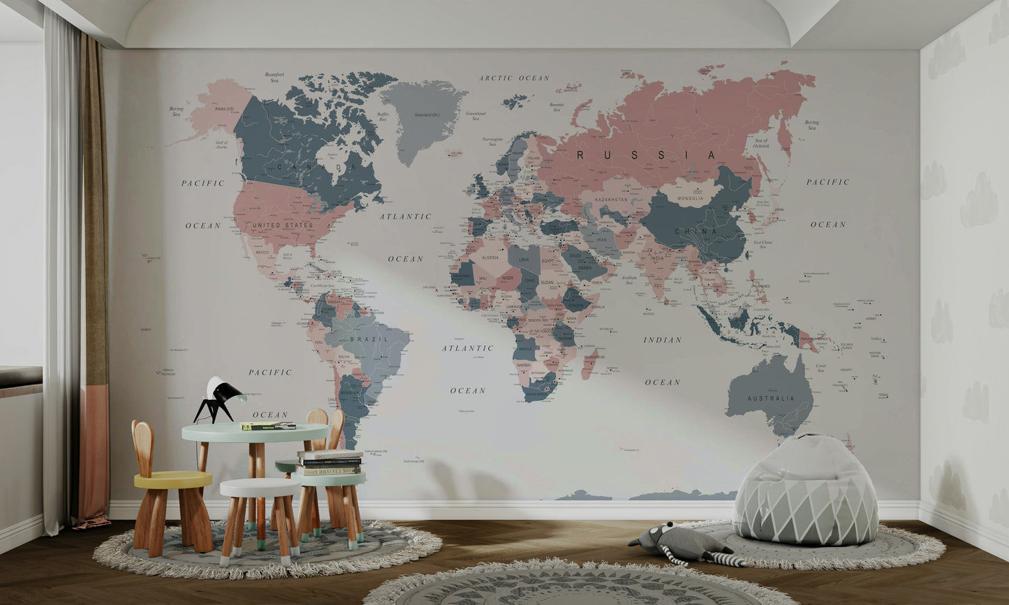 World Map Blush Pink and Indigo Wall Mural