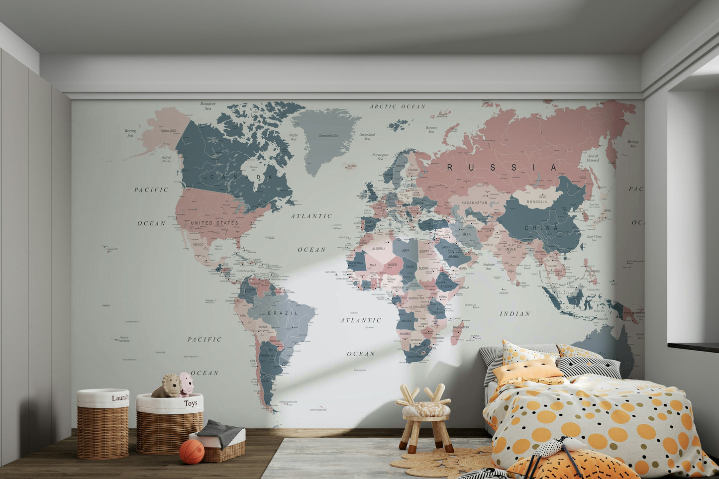 World Map Blush Pink and Indigo Wall Mural