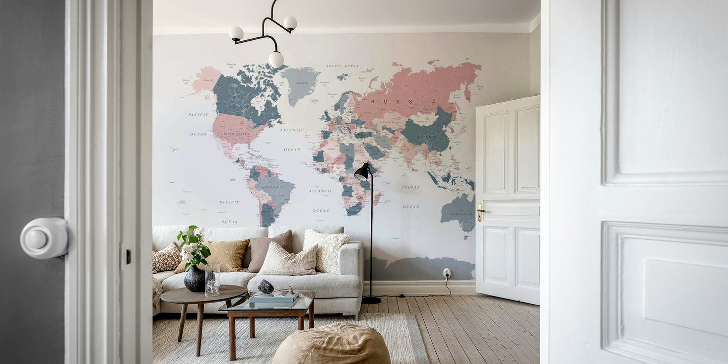 World Map Blush Pink and Indigo Wall Mural