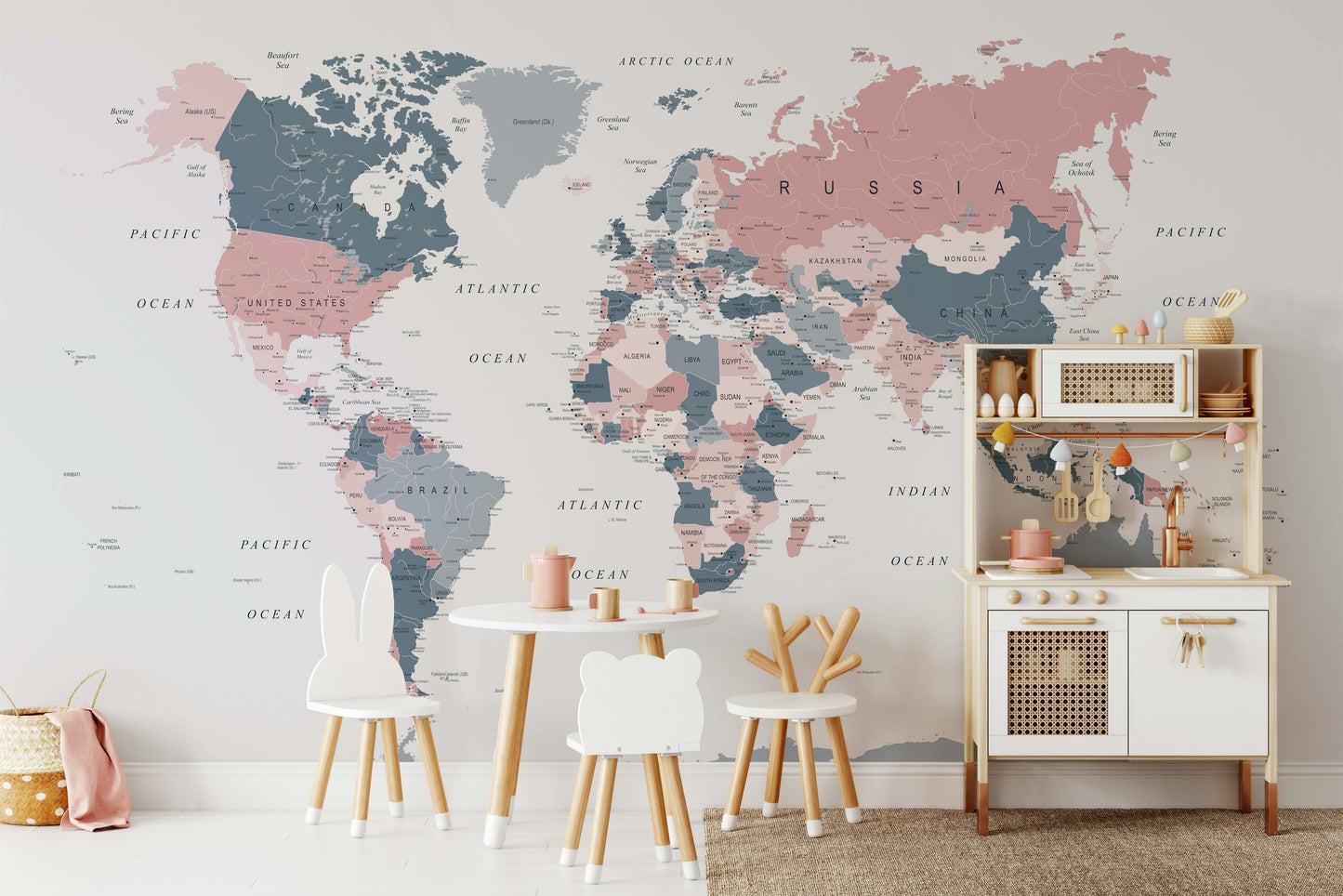 World Map Blush Pink and Indigo Wall Mural
