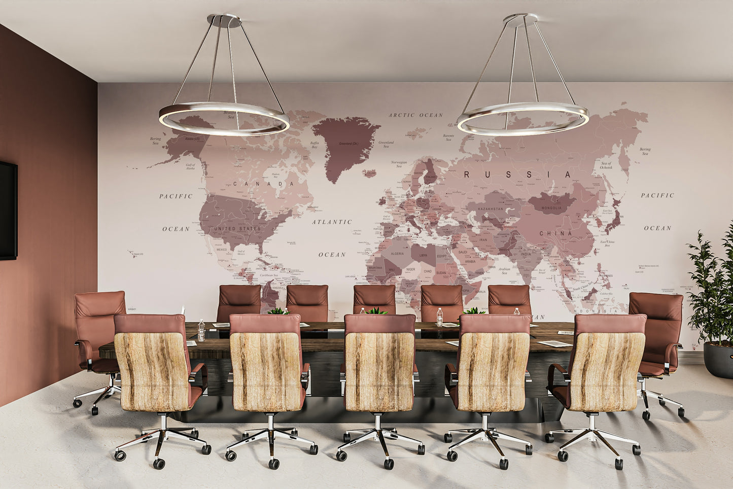 Kids room world mural in pink shades

