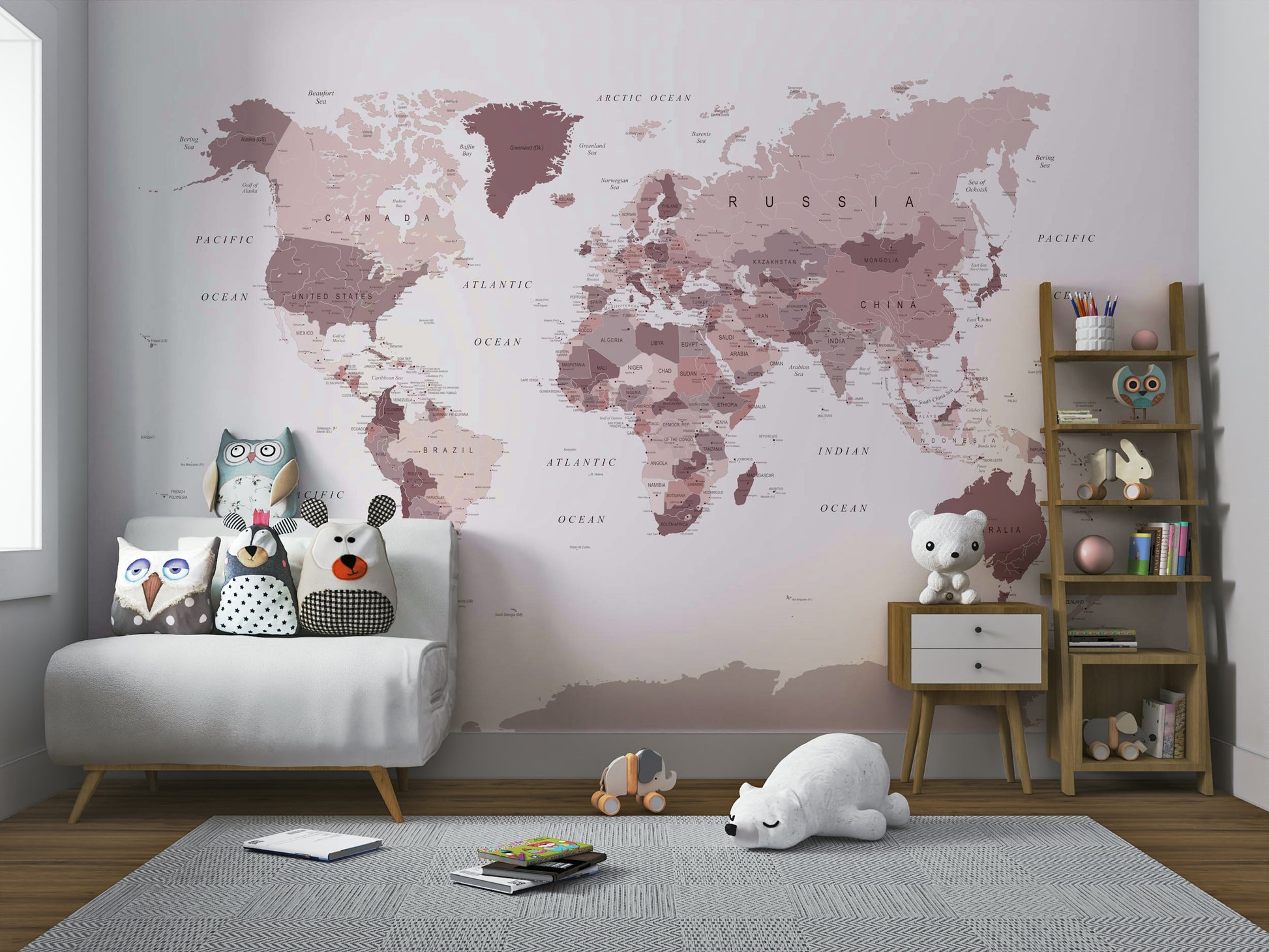 Soft color world map wall decor

