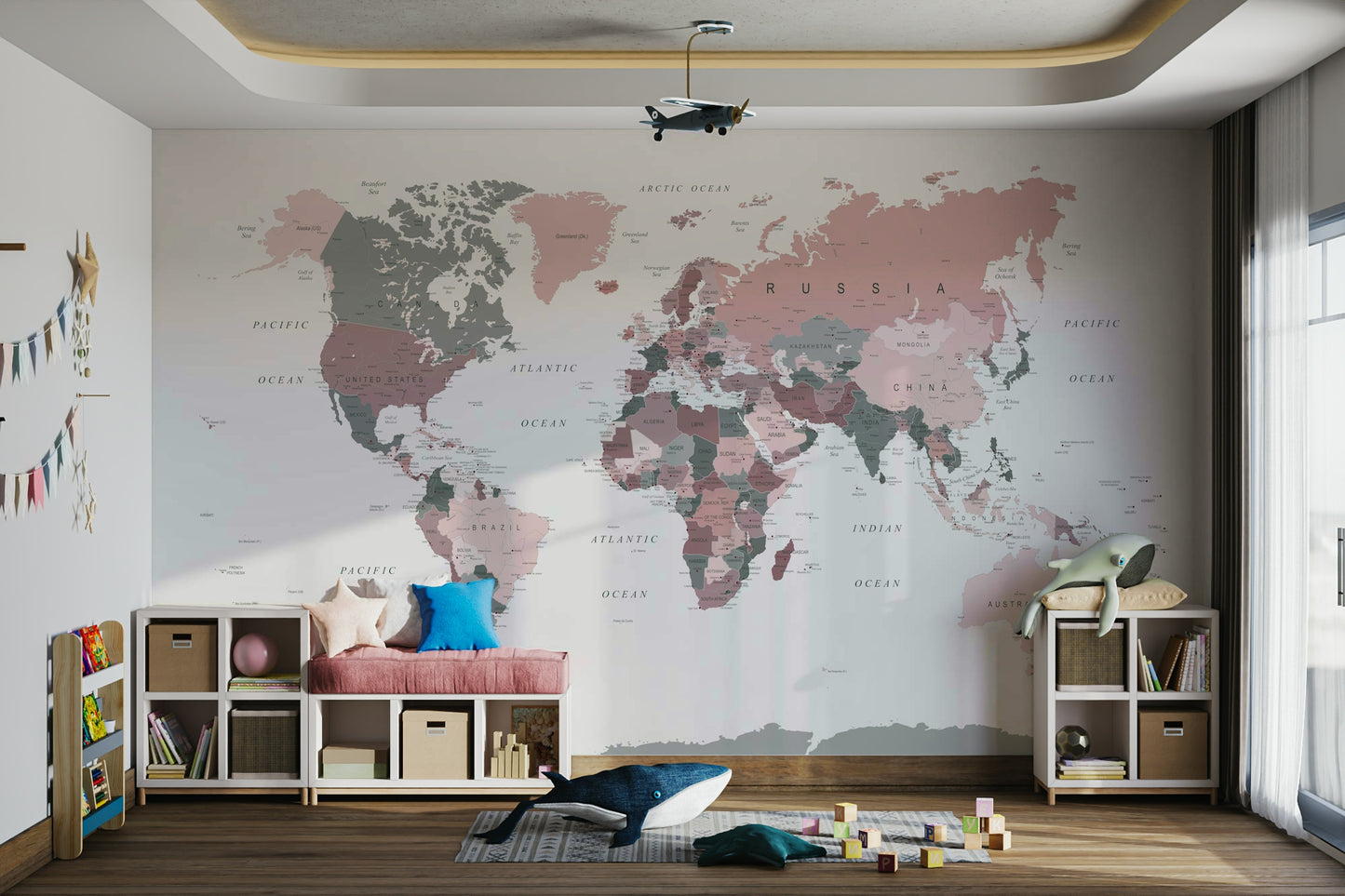 Blush pink and sage green world map mural

