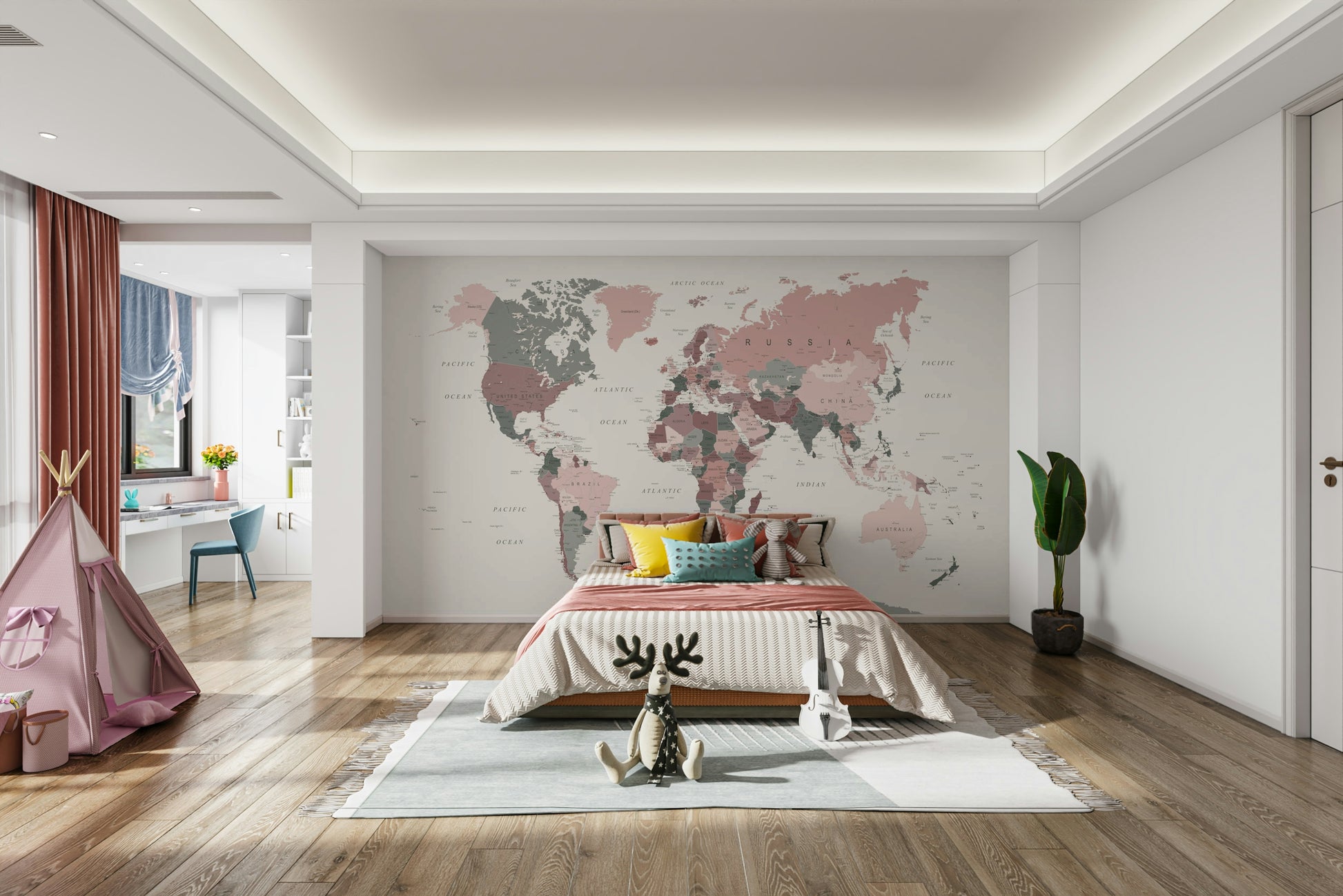 Feminine world map wall design

