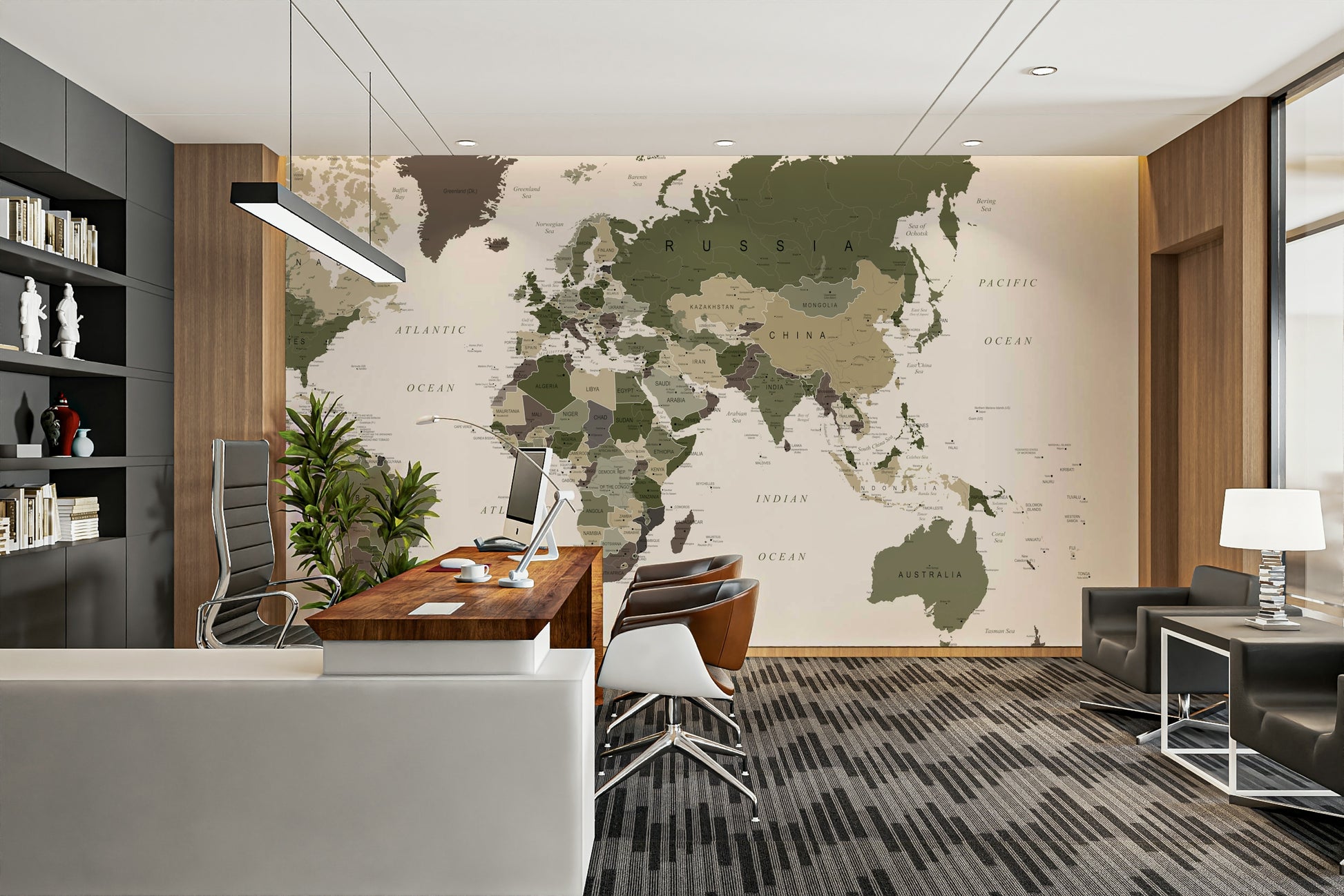 Green camouflage world map mural

