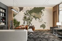 Green camouflage world map mural


