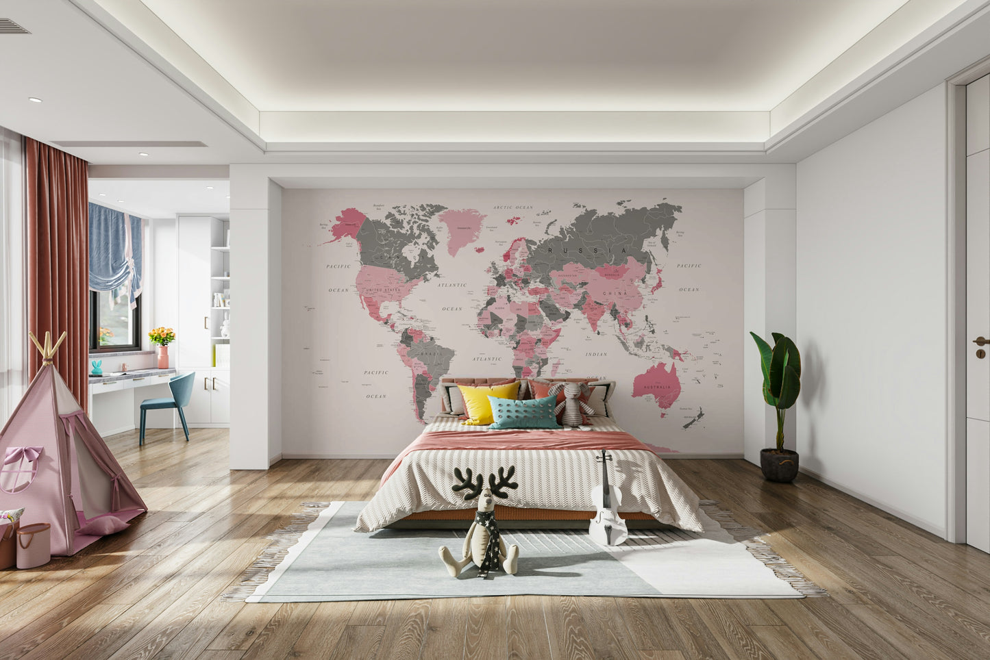 Pastel pink world map mural


