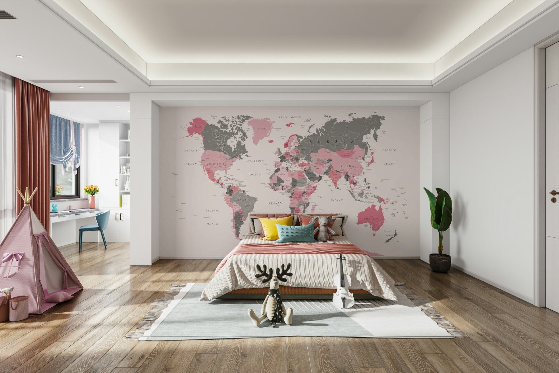 Pastel pink world map mural

