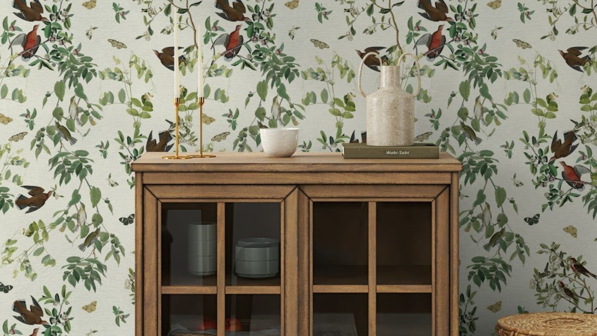 Olive green birds and butterflies wallpaper

