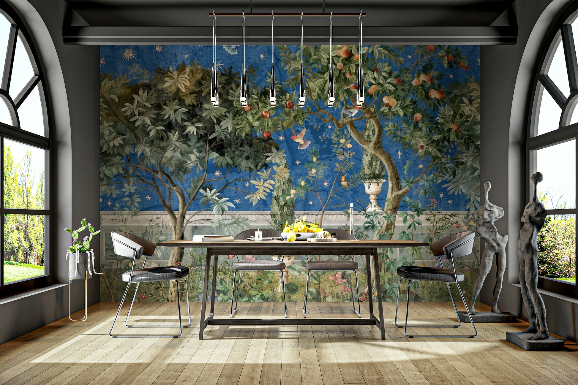 Painterly foliage and sky mural wallpaper

