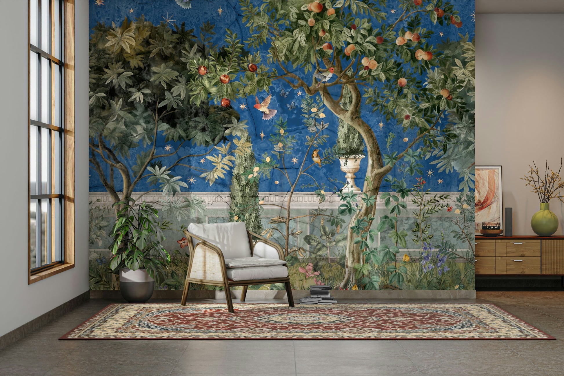 Night garden mural wallpaper with stars and leaves

