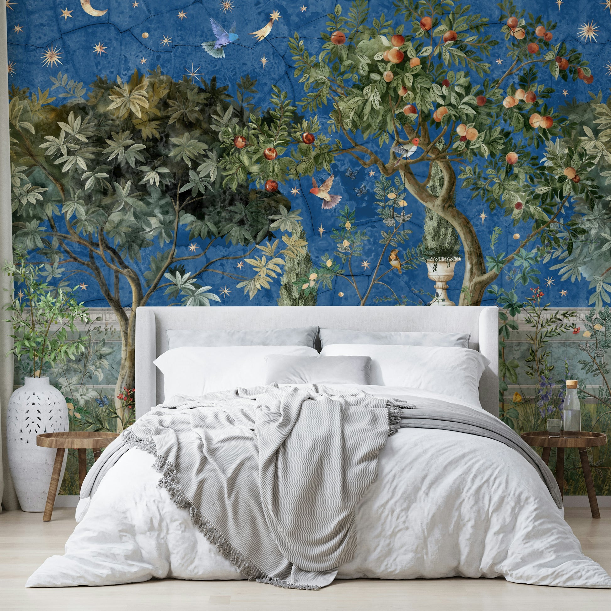 Soft celestial wallpaper for bedroom walls

