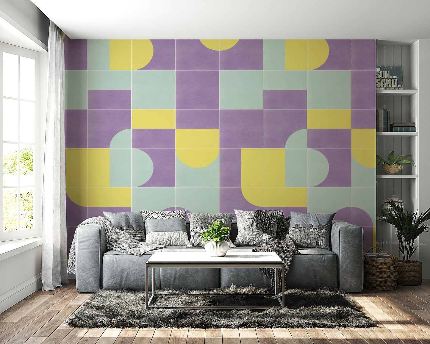 Beige and olive vintage tile mural

