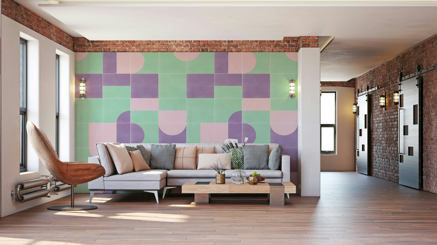 Ochre and sage tile pattern mural

