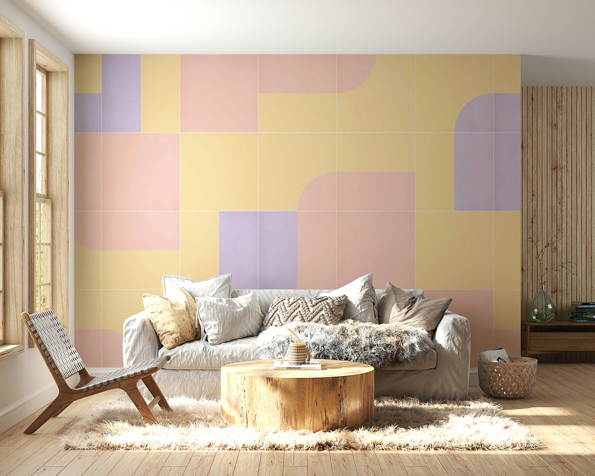 Soft neutral retro tile wall mural

