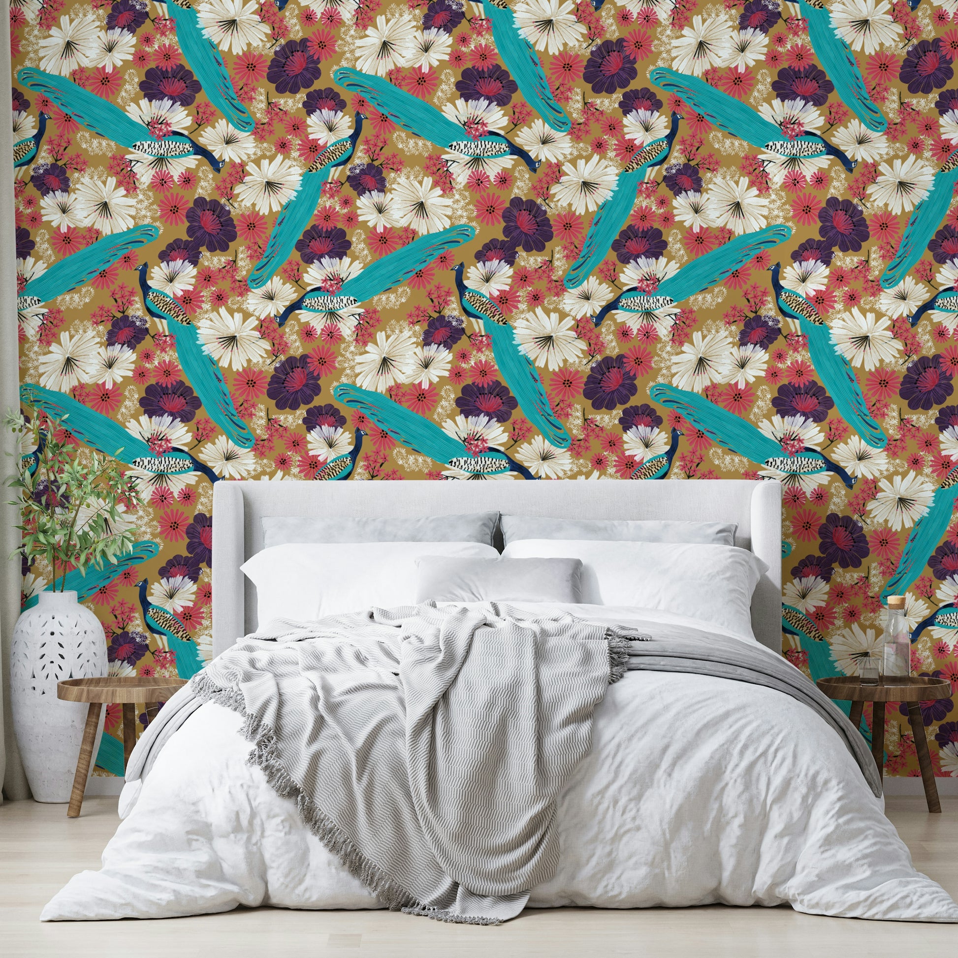 Elegant bird mural in golden tones

