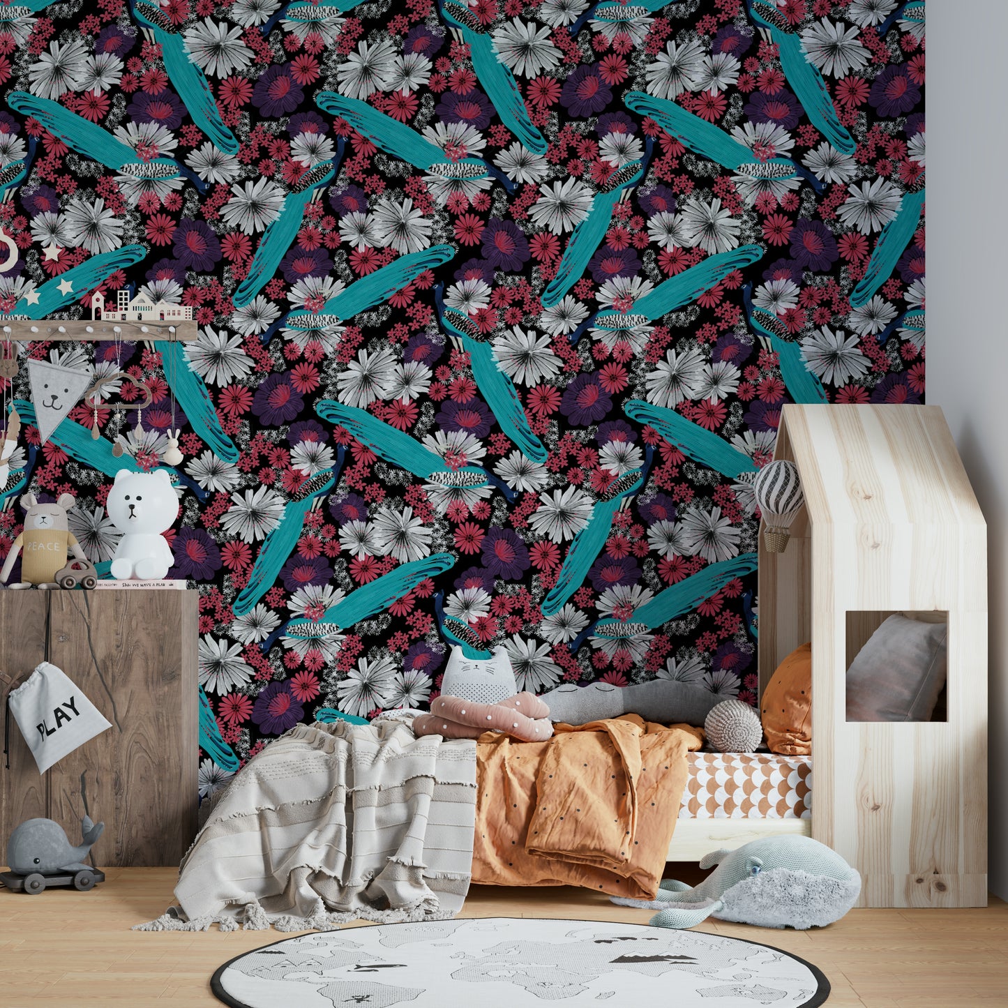 Ornate peacock feathers on black base

