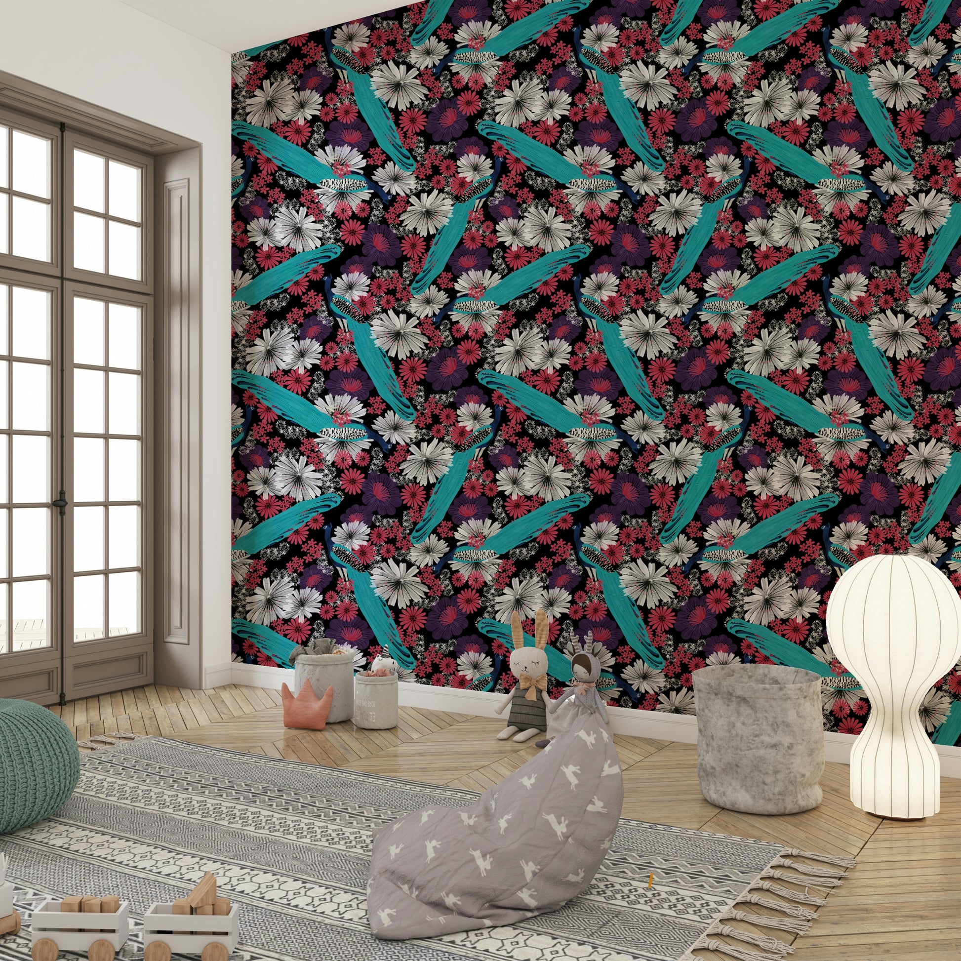 Black wall mural with peacock pattern

