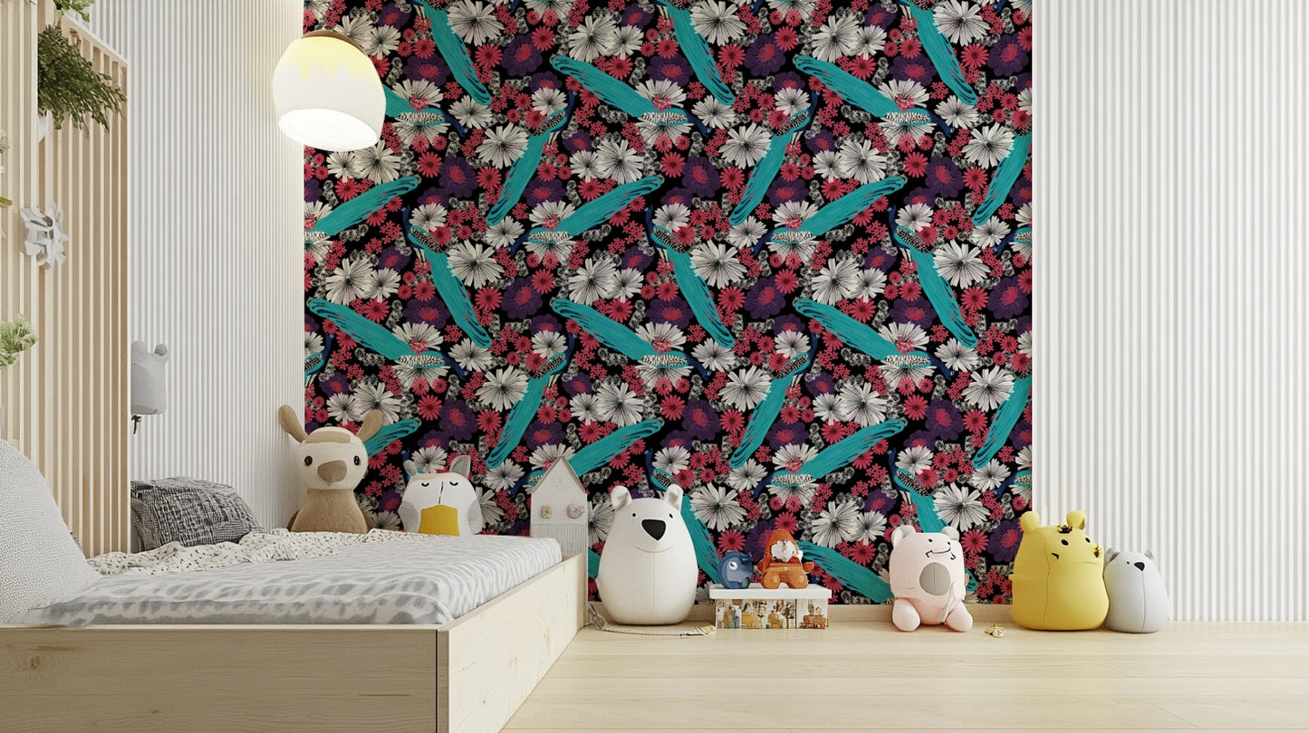 Peacock pattern wall mural on black background

