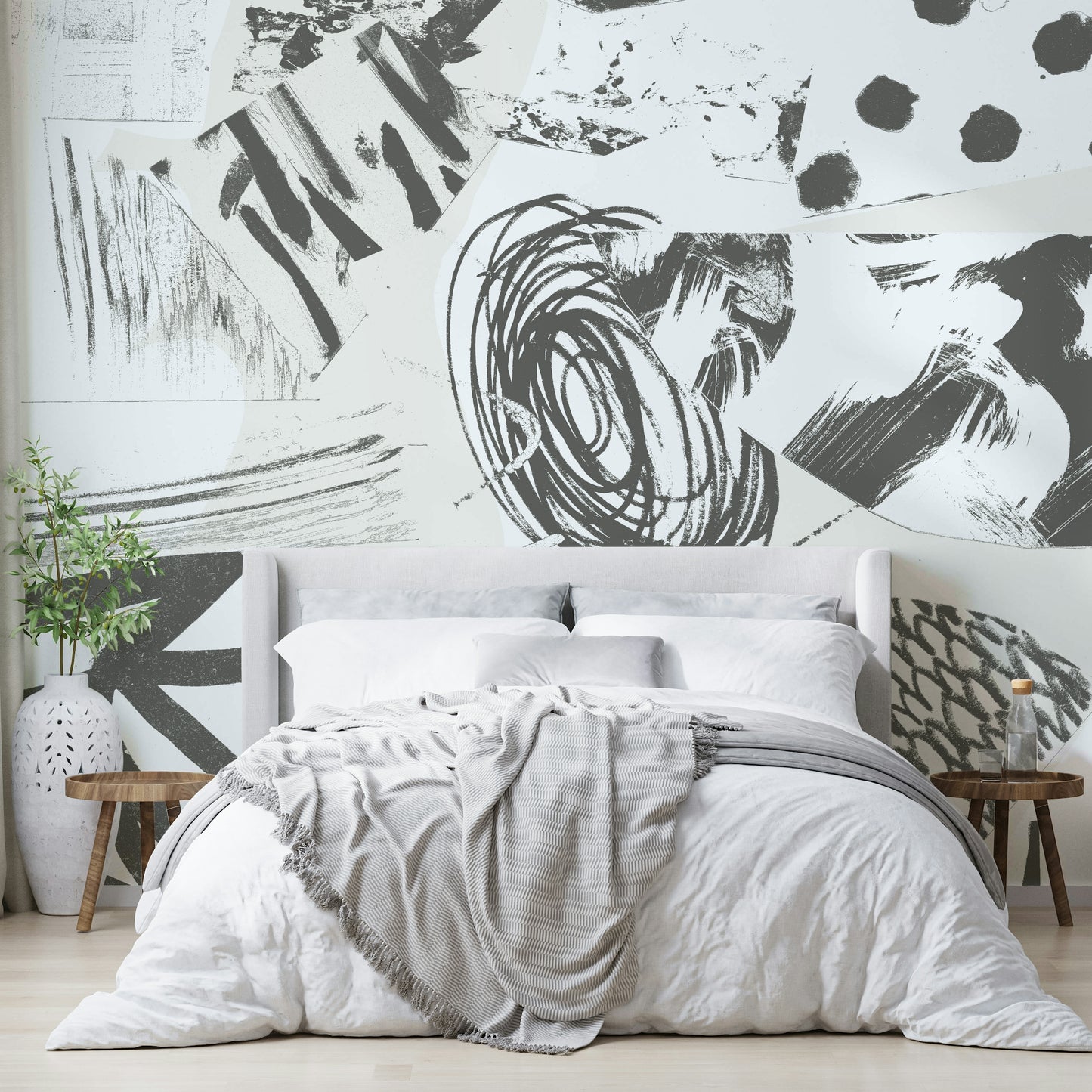 Calm wall mural with flowing grey lines