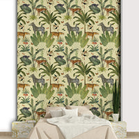 Wildlife-themed botanical wall mural

