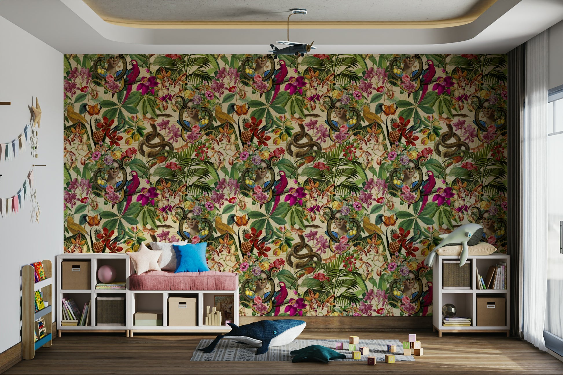 Coiled snake in whimsical mural design

