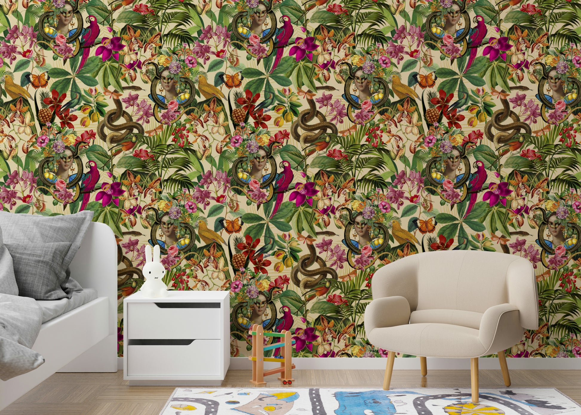Botanical collage wallpaper with surreal twist


