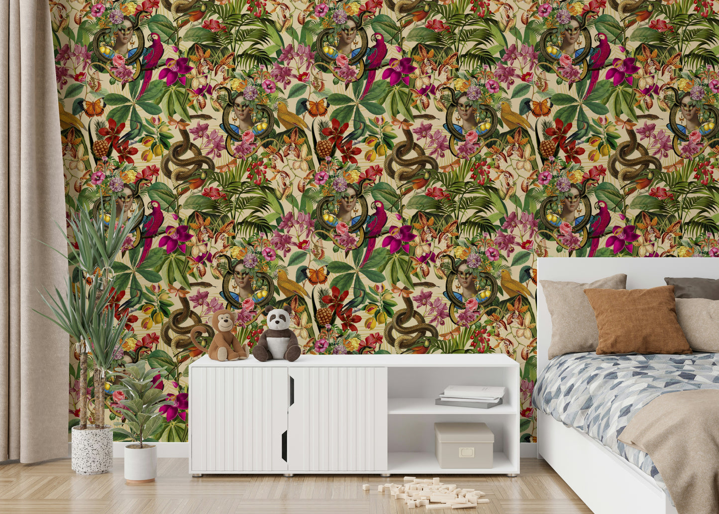 Hand-drawn vintage wall mural with florals

