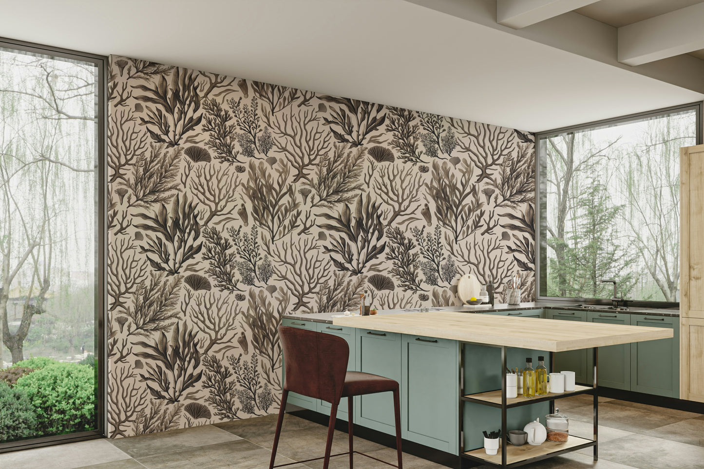 Light ocean foliage wallpaper for calm rooms