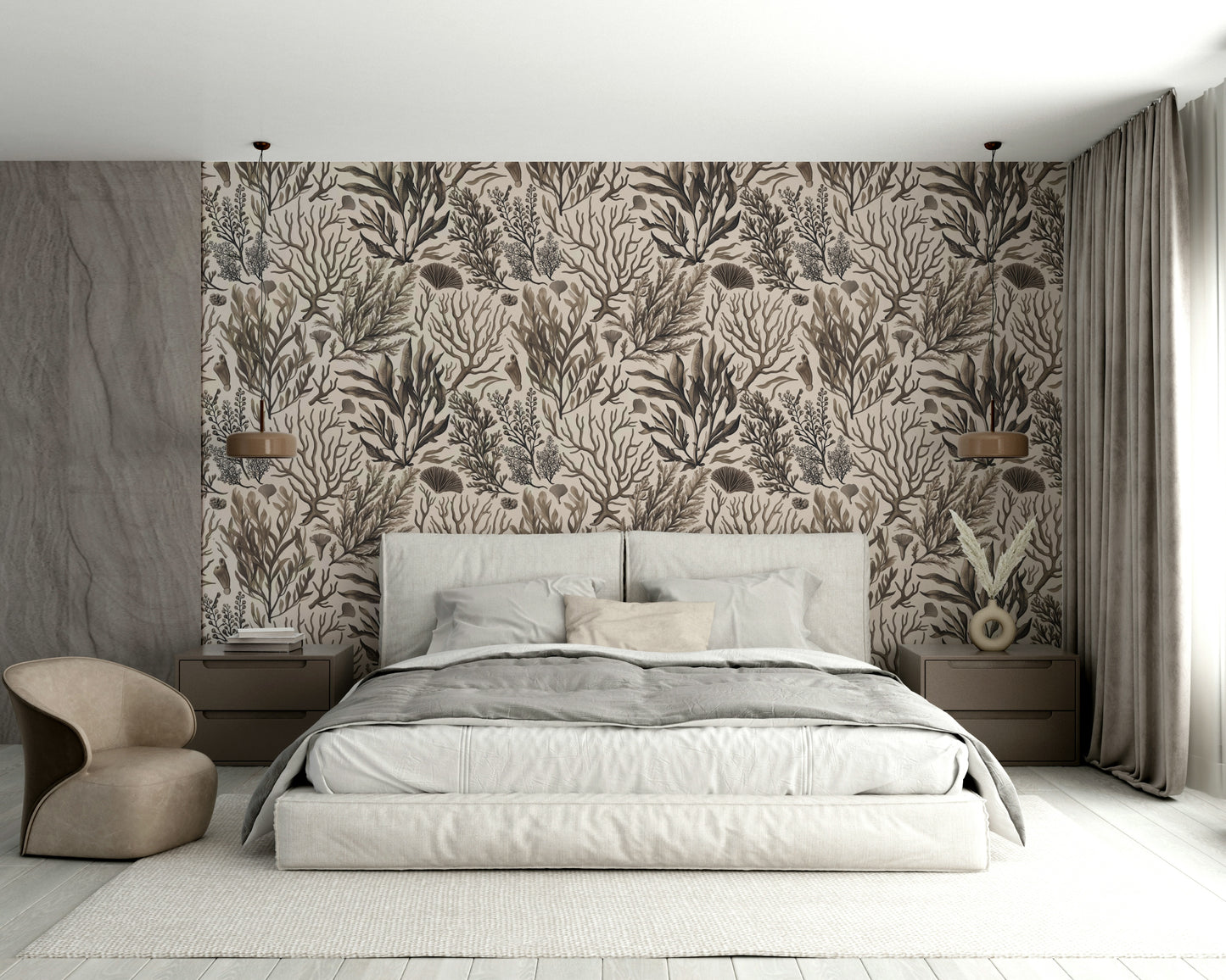 Underwater foliage wall mural in soft tones
