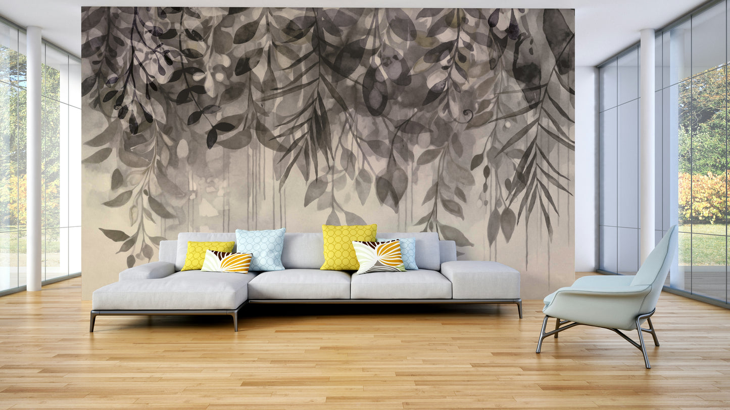 Hanging leaves wall mural in neutral tones

