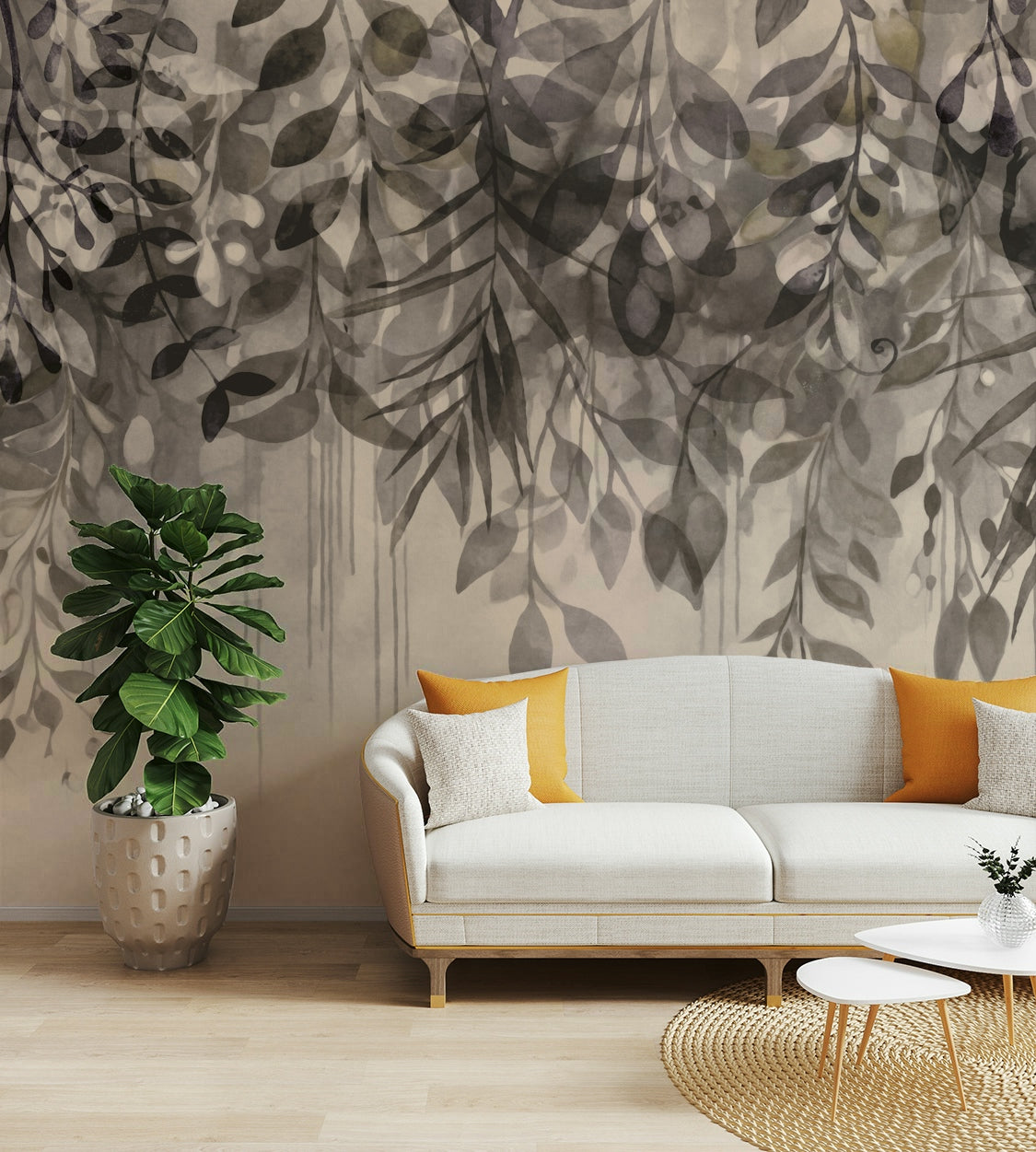 Neutral toned mural wallpaper with hanging plants

