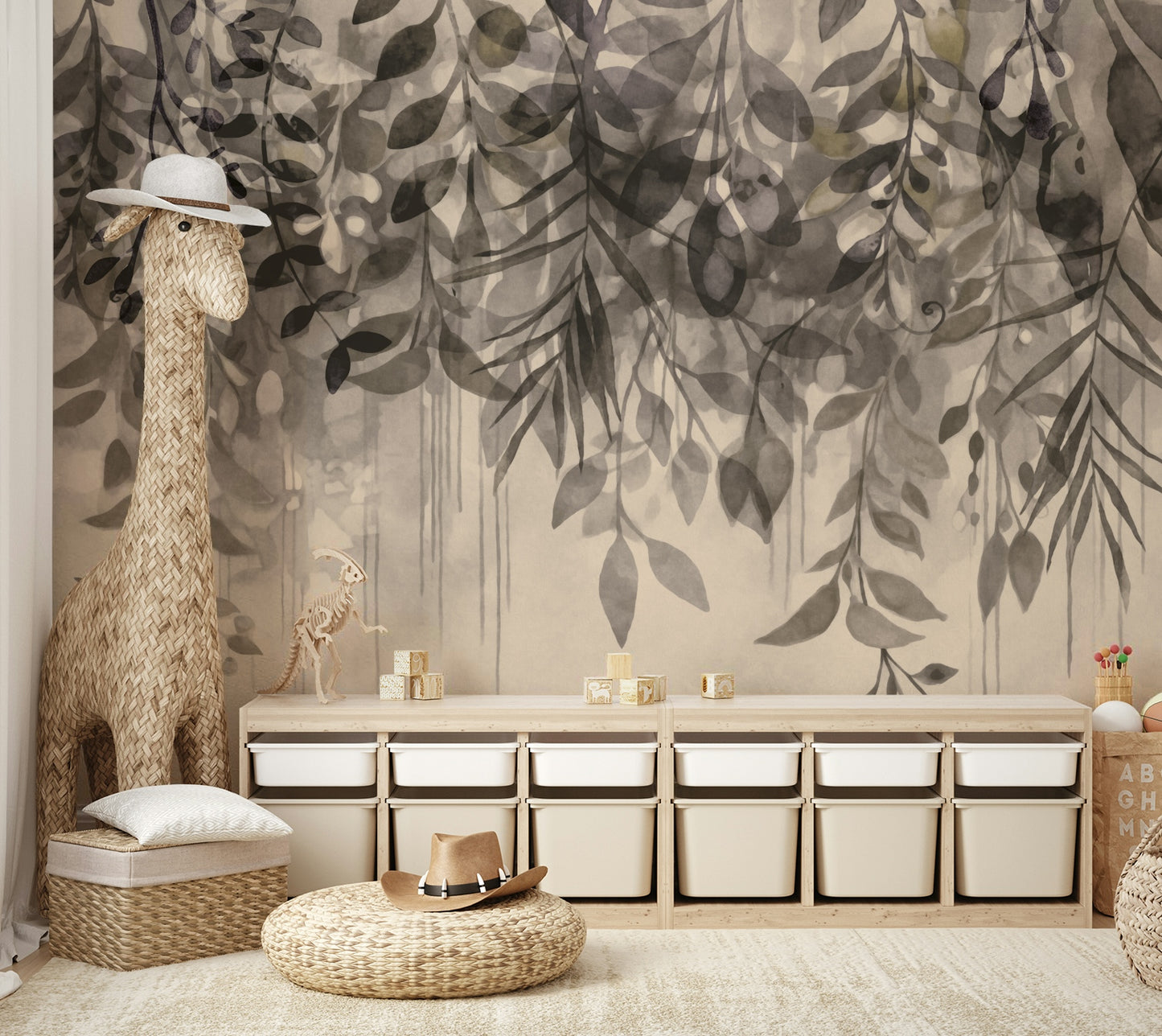 Cascading leaf design mural in soft colors

