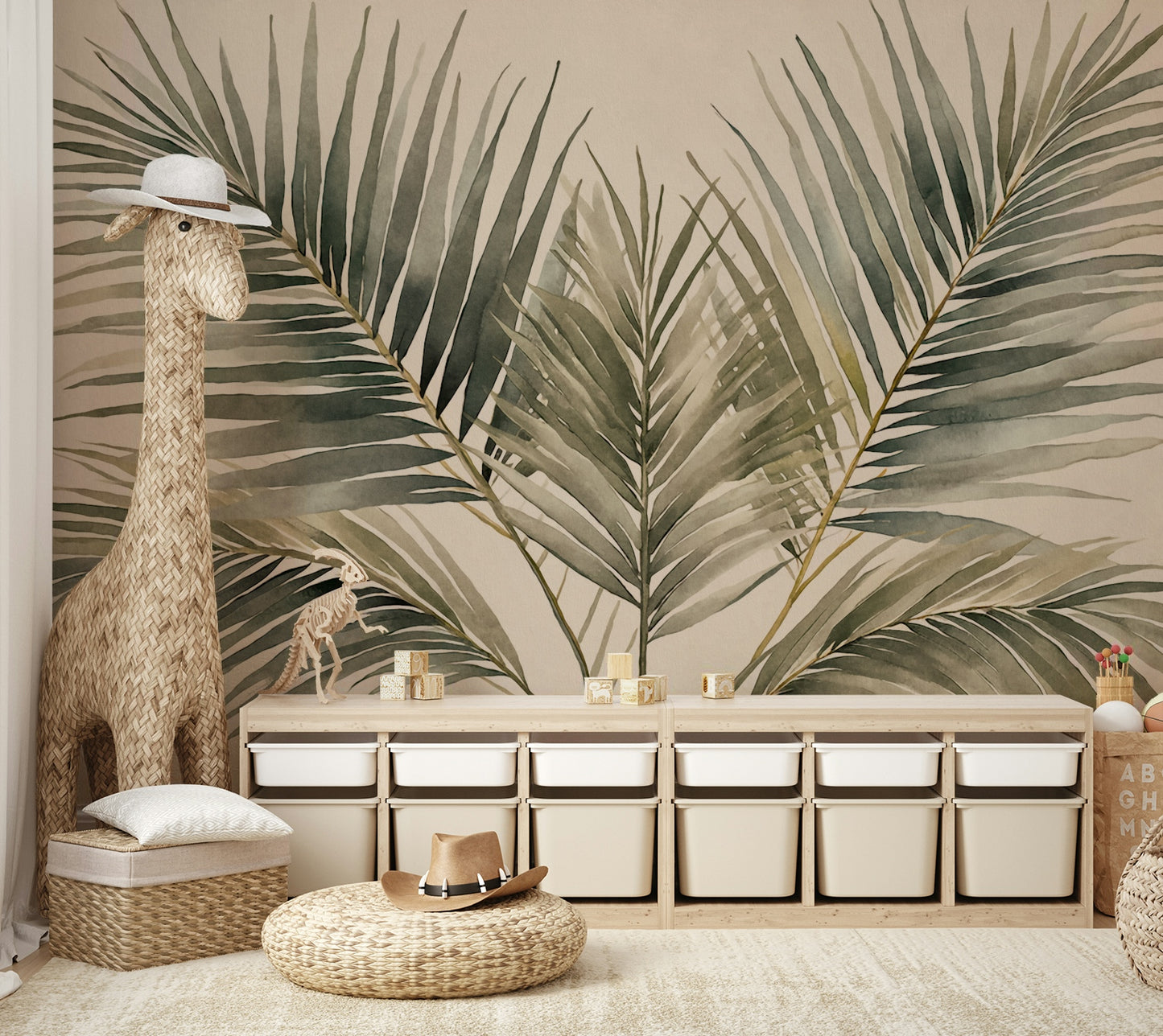 Soft and bold palm pattern mural design

