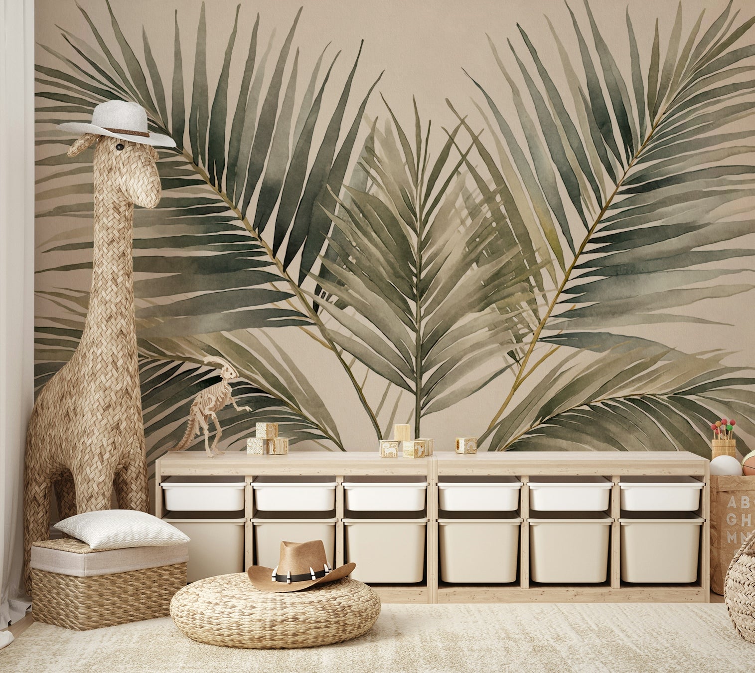 Soft and bold palm pattern mural design

