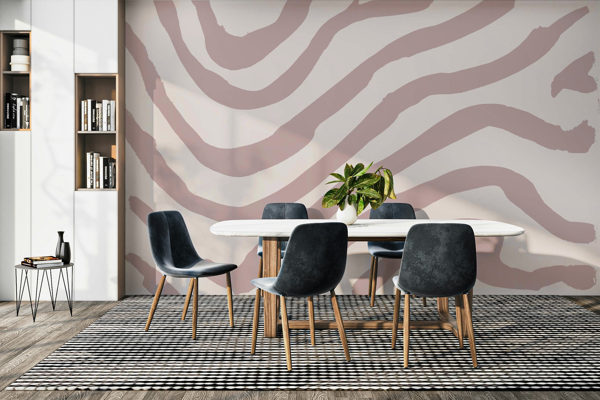Curved abstract mural in dusty pink

