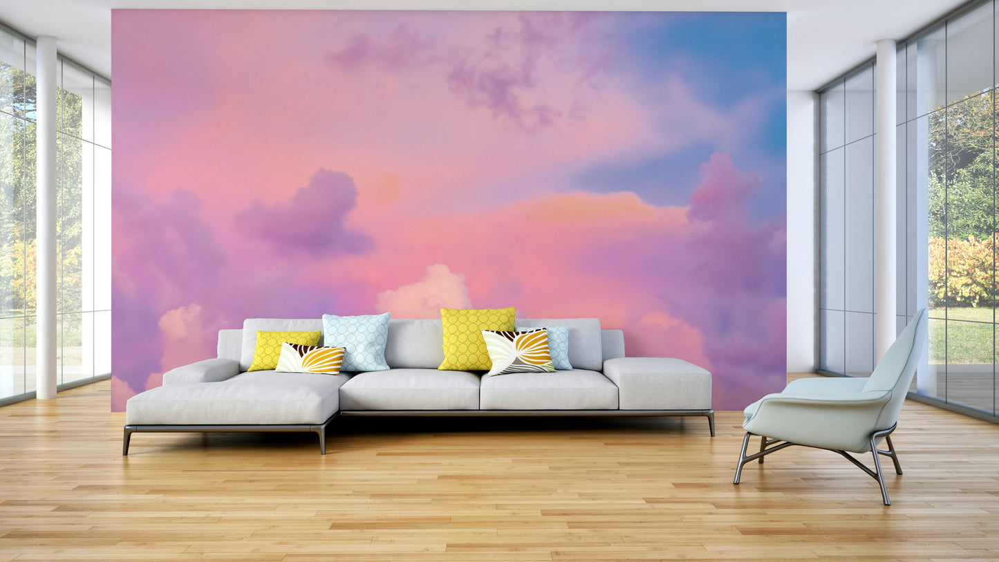 Gentle mural wallpaper with pink and orange hues

