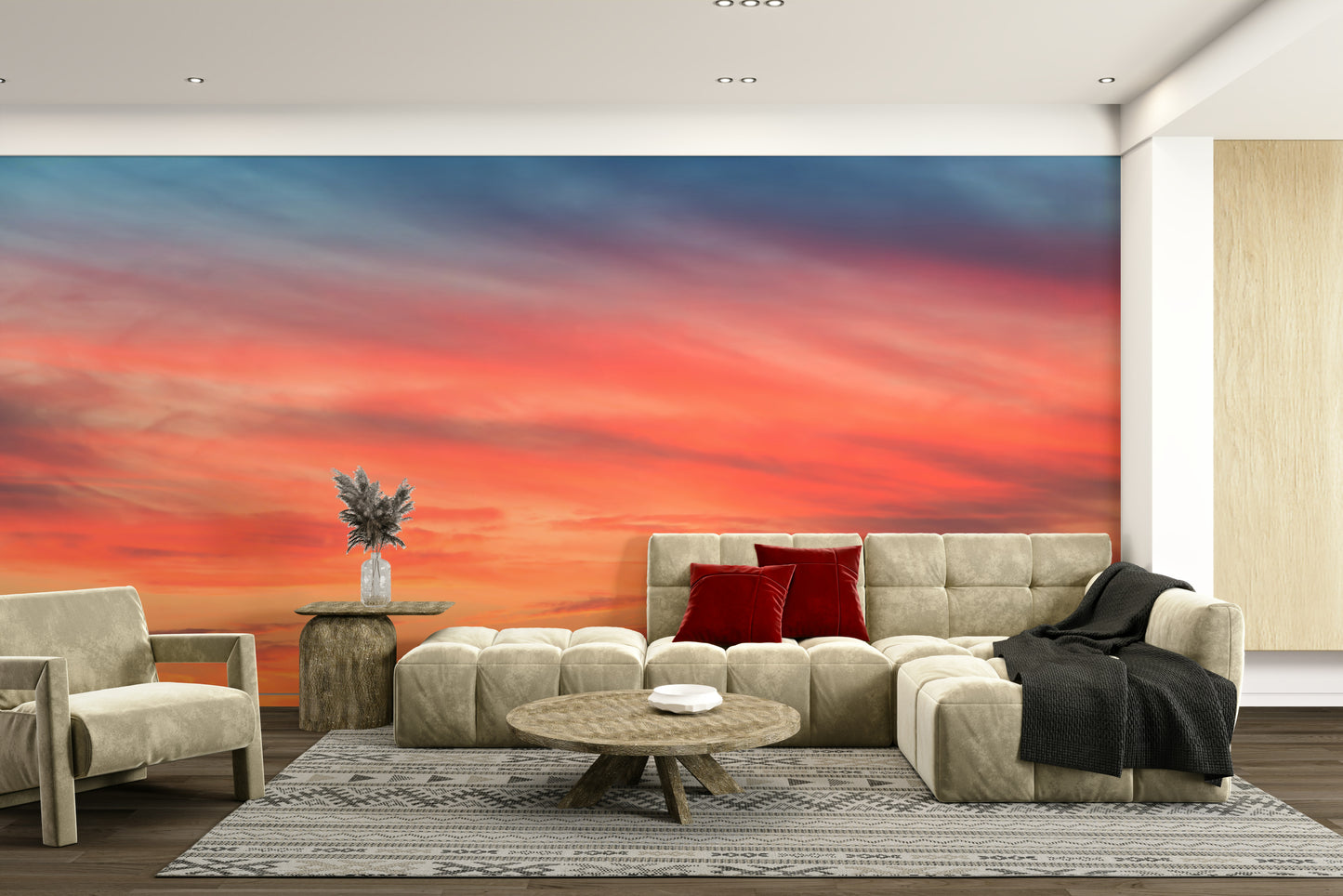 Peaceful rural sunset wallpaper in warm tones

