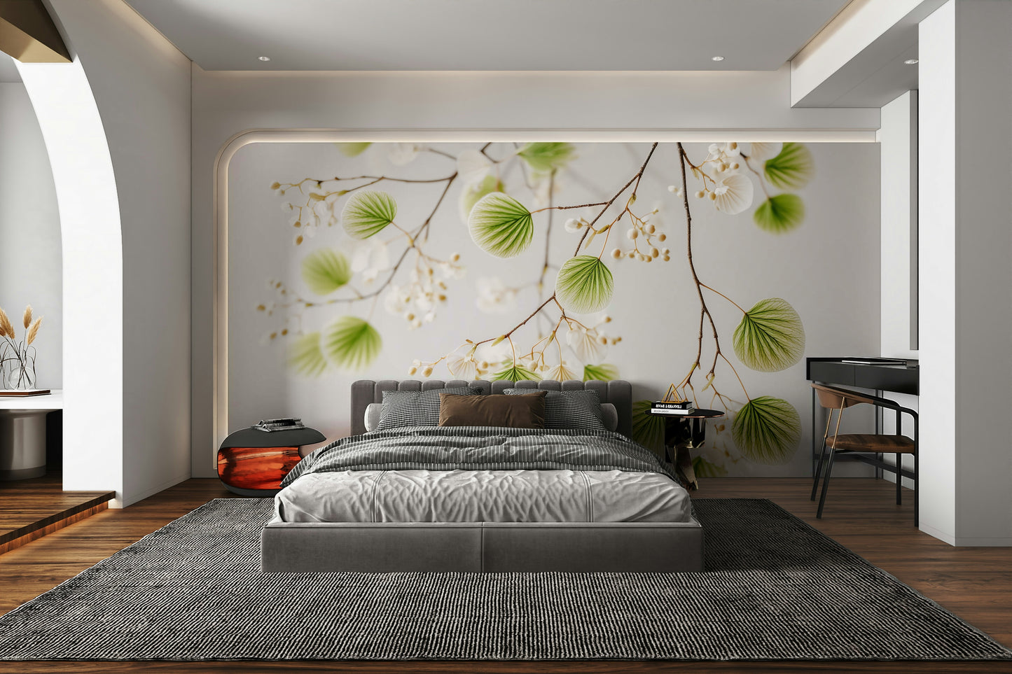 Soft leaf mural wallpaper in gentle tones

