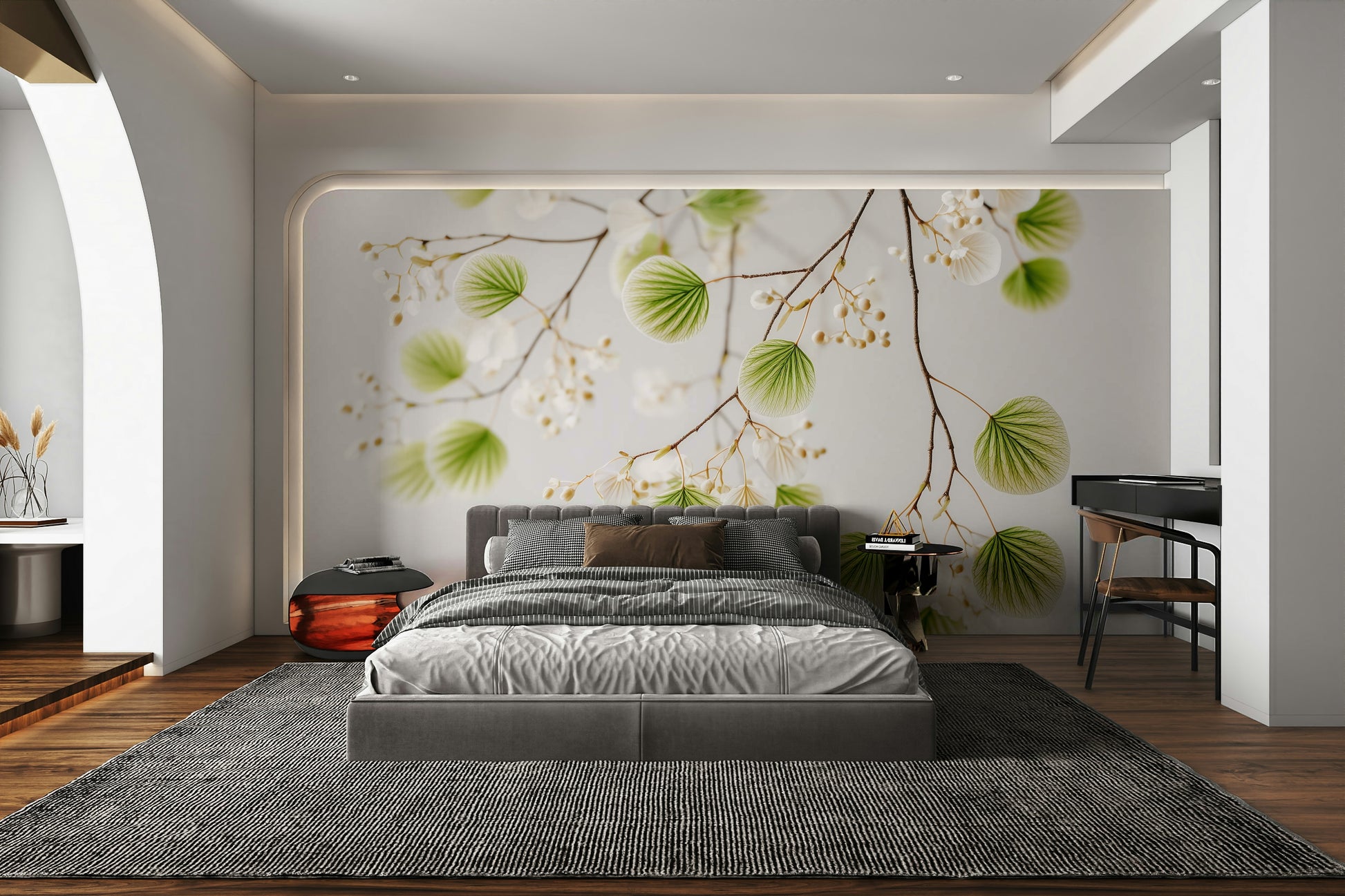 Soft leaf mural wallpaper in gentle tones

