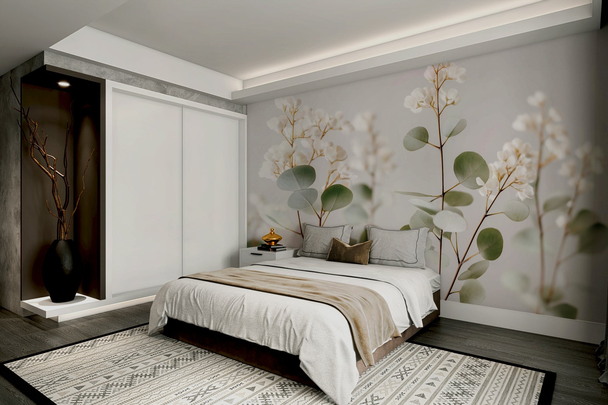 Elegant floral mural with white tones

